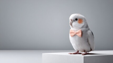 Cute cockatiel in peach bow tie perched on a white cube with minimal background