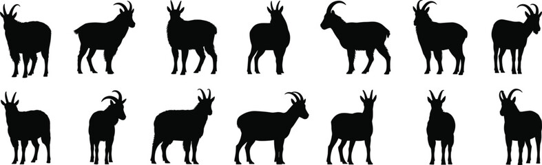 Goat Silhouette Vector Pack, Wildlife Horned Animal Clipart, Farm Species Collection, Black and White Design for Nature Education Projects