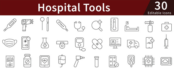 Hospital Tools Medical Line Icons Set with Editable Stroke for Equipment, Surgery, Instrument, and Clinical Management