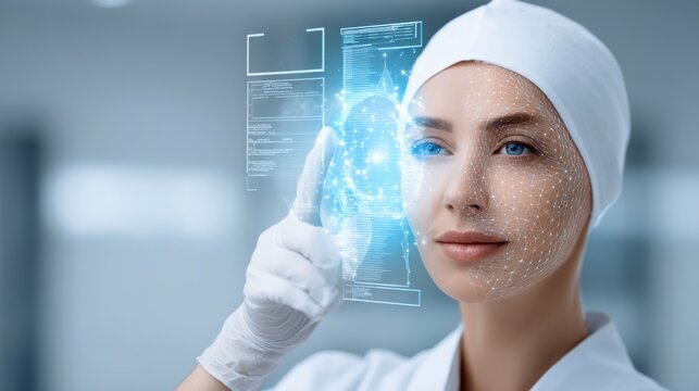 dermatologist analyzing holographic skin scan interface with zoomed view of skin layers and texture, futuristic white clinic background, glowing blue overlay