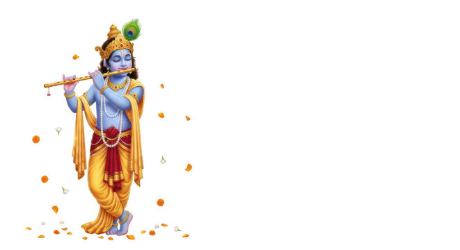 Lord Krishna Playing Flute With Divine Cow Companion and Petals