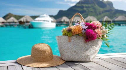 elegant straw hat and designer beach bag next to a flower bouquet on yacht deck, turquoise sea, island with overwater bungalows on horizon