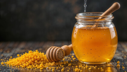 honey in a glass jar on a wooden background