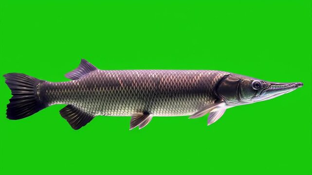 Large Freshwater Fish with Distinct Scales and Elongated Body Isolated on Bright Green Background, Ready for Compositing