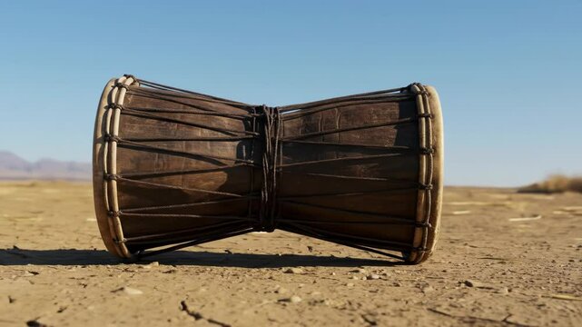 A cylindrical, handcrafted drum stands in a desert. The instrument is constructed of wood and animal hide, with rope details and surrounded by arid terrain