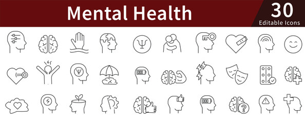 Mental Health and Wellness Line Icons: Brain, Therapy and Emotional Well-being Vectors
