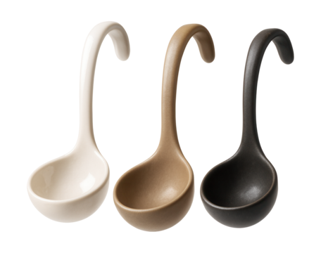 Miniature ceramic ladles suitable for serving gravies and sauces at intimate dinner gatherings in a private house.