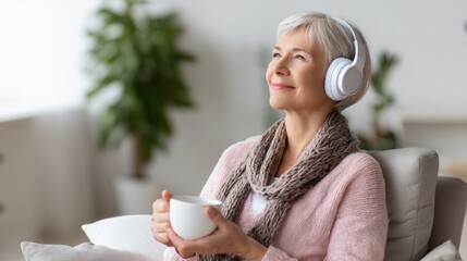 mature woman listening to relaxing health podcast on headphones, sitting in armchair with cup of tea, soft ambient lighting