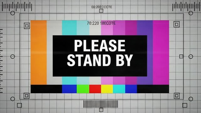 "Please Stand By" test pattern displays on television screen, creating retro mood with technical grid and vibrant colors, with copy space.