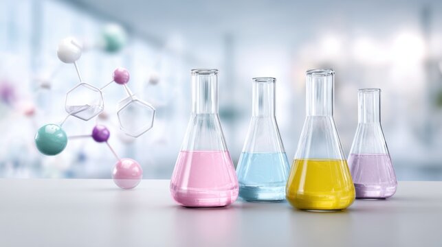 scientific lab glassware with colored liquids on white table, soft ambient light, floating molecular structures in background, clean composition, no people
