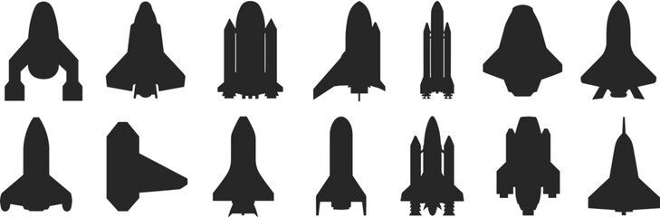 Rocket and Space Shuttle Silhouette Vector Set, Aerospace Clipart Icons, Spacecraft Launch Illustration, NASA Design Elements, Black Graphic Artwork