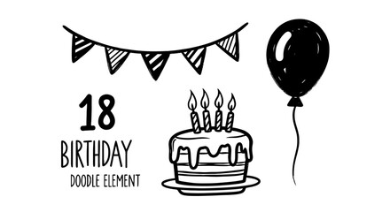 Birthday doodle icon element. Hand drawn sketch doodle birthday cake, balloon, event decoration element. Party, carnival celebration concept background. Vector illustration