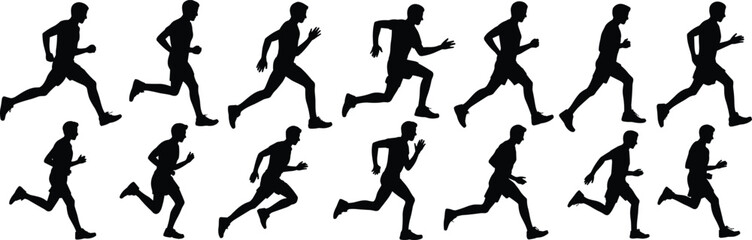 Running Silhouette Sequence, Dynamic Athlete Poses, Sports Fitness Motion, Exercise Clipart, Black Vector Illustration, Healthy Lifestyle Concept Design