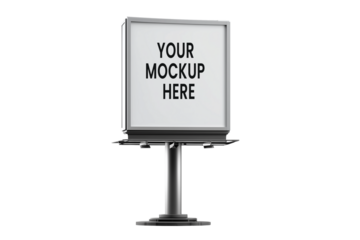 Minimalist outdoor advertising billboard mockup with "Your Design Here" text, on a clean white and transparent background.

