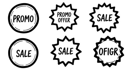Obraz premium Sale promo offer tag circle star icon set. Hand drawn sketch sale, promo offer badge, tag for label, sticker, price vector graphic design elements. Vector illustration