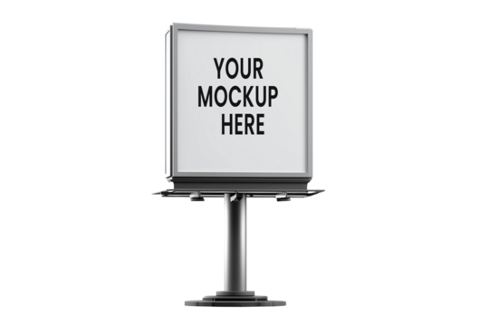 Minimalist outdoor advertising billboard mockup with "Your Design Here" text, on a clean white and transparent background.

