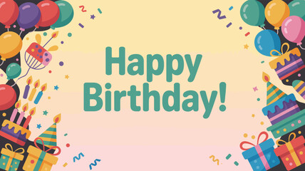happy birthday celebration with green “happy birthday” text surrounded by balloons, candles, cakes, presents, and confetti on pastel background