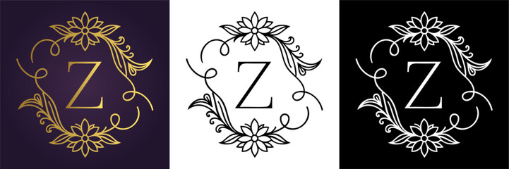 Luxury floral letter Z logo design in gold black and white versions  