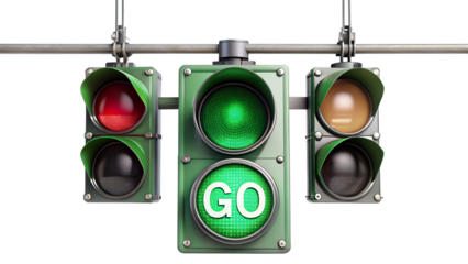A traffic light showing red, green, and yellow signals, isolated on a transparent background, symbolizes the rules and regulations of transportation
