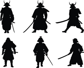 Obraz premium Silhouettes of traditional samurai warriors, Japanese armor and swordsmanship, martial arts heritage, historical combat posture, black and white fine art