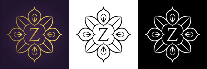 Luxury floral letter Z logo design in gold black and white versions  