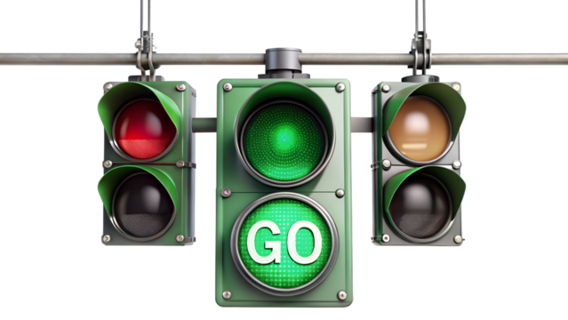 A traffic light showing red, green, and yellow signals, isolated on a transparent background, symbolizes the rules and regulations of transportation