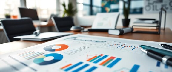 Close-up of financial graphs and charts on a desk in an office, table, desk