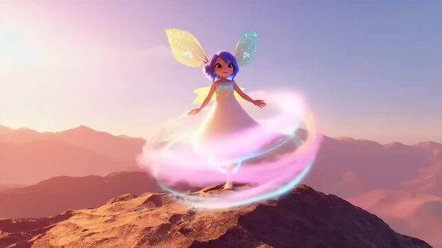 A whimsical 3D-rendered fairy with pastel wings and dress, floats on a pink energy ring atop a mountain at sunset over a hazy, desert-like landscape