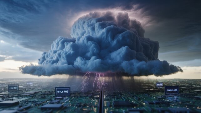 A massive storm cloud looms over a futuristic cityscape, with lightning striking and 'error 404' signs scattered below.