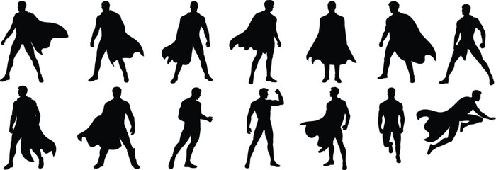 Superhero Silhouette Vector, Dynamic Flying and Action Poses, Comic Style Artwork, Caped Heroes, Black Design Elements, Creative Illustration Clipart