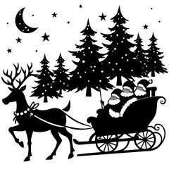 Santa&rsquo;s Sleigh Silhouette &ndash; Christmas Vector Illustration with Reindeer

