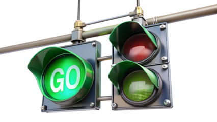 A vibrant traffic light displays a bright green go signal, contrasting with the red light above, isolated on transparent background