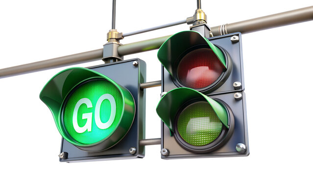 A vibrant traffic light displays a bright green go signal, contrasting with the red light above, isolated on transparent background