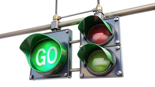 A vibrant traffic light displays a bright green go signal, contrasting with the red light above, isolated on transparent background
