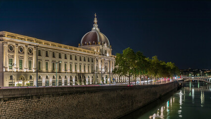 Fototapeta premium The Grand Hotel-Dieu night timelapse hyperlapse in Lyon, France.