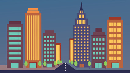 Flat design cityscape with tall buildings and a road at dusk