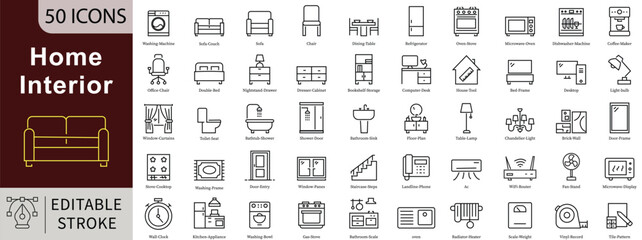Home Interior Line Icons Set with Editable Stroke for Furniture, Decoration, Renovation, and Modern Living Spaces