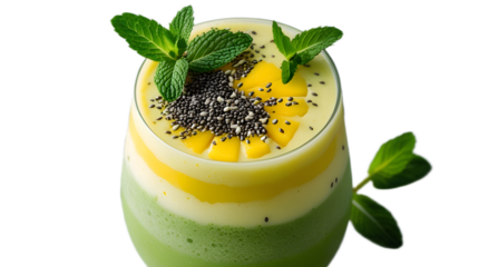 Vibrant and refreshing layered smoothie featuring a calming green base with a radiant yellow mango-pineapple topping, artfully garnished with a sprinkling of chia seeds and delicate fresh mint leaves,