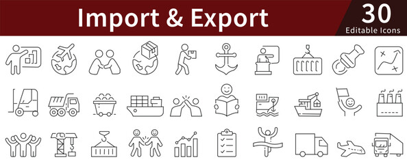 Import and Export Line Icons Set with Editable Stroke for Global Trade, Shipping, and International Logistics