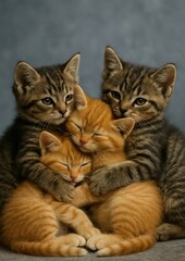Adorable kittens cuddling together.