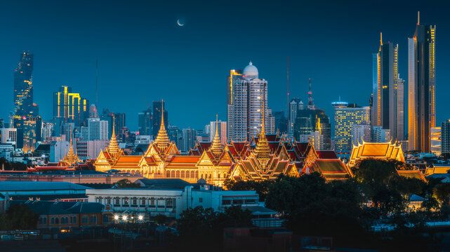 Night scene skyline view cityscape of The Golden Grand Palace of Bangkok, Thailand.  Temple of Siam the Emerald Buddha, famous landmark tourism, Amazing beautiful destination of Thailand