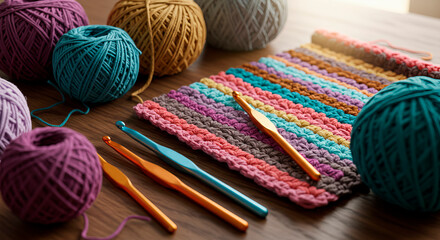 Colorful wool yarn balls and crochet hooks with a handmade crocheted fabric sample on a wooden table for craft.