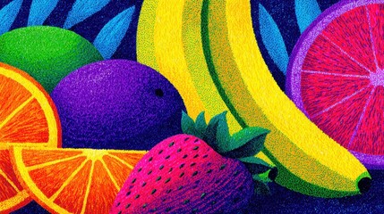 Vibrant Fruit Spectrum: A colorful still life illustration bursting with the juicy goodness of assorted fruit, each piece rendered in bold strokes and vivid hues.