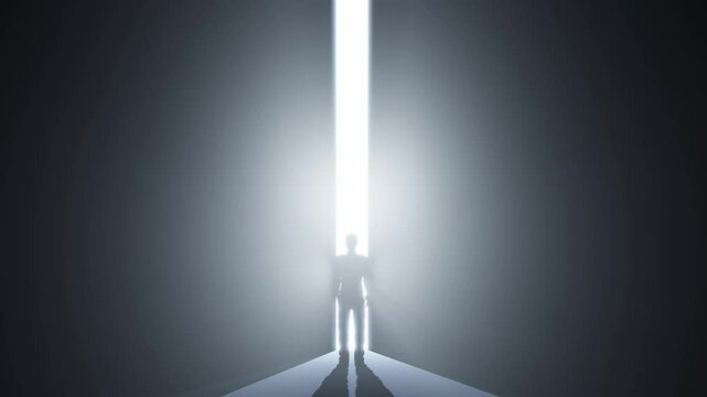 Man in front of the door which opens to heaven world of light - near death experience or new opportunity  - 3d illustration