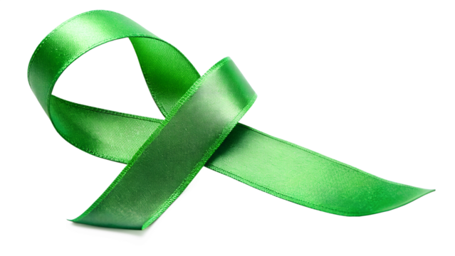 A vibrant green ribbon, symbolizing awareness and support, is gracefully looped against a clean transparent background, isolated on transparent background