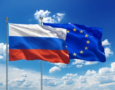 eu and russia flag waving with blue sky background