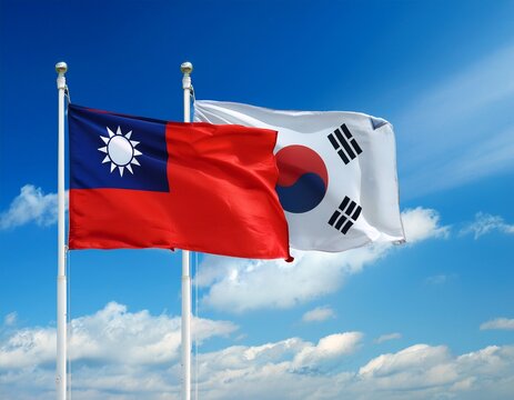 taiwan and south korea flag waving with blue sky background - Powered by Adobe