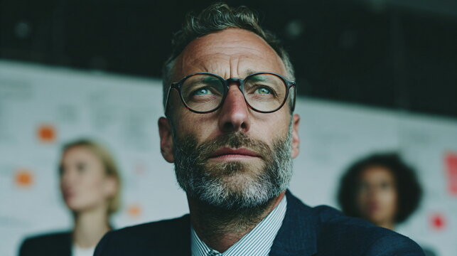 Caucasian man with eyeglasses and gray beard looking up at virtual screen, business professional pondering strategy in tech office.