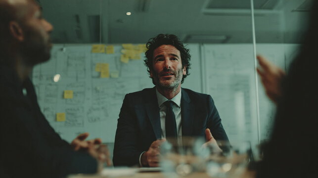 Caucasian businessman talking during meeting in board room. Corporate professional man leading team discussion. Business leader concept.