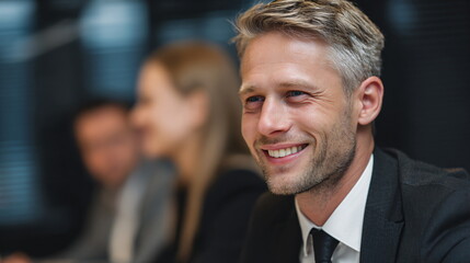 Close-up portrait of a smiling successful businessman of European appearance in a business suit. Concept of success, finance and investment. Confidently looks into the future.
